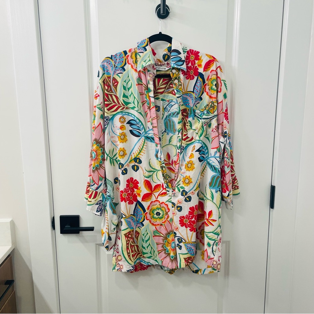 Zara PRINTED SHIRT COLLAR JUMPSUIT